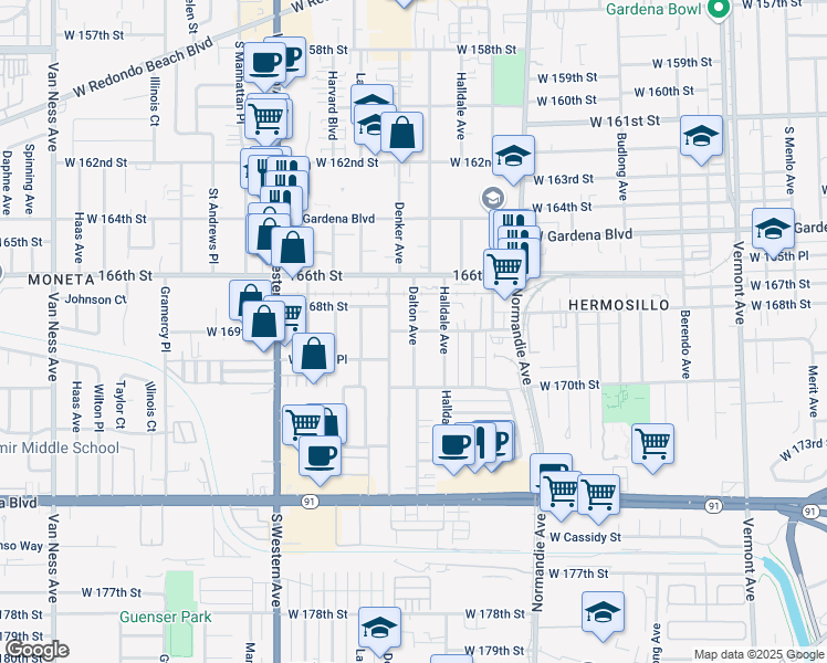 map of restaurants, bars, coffee shops, grocery stores, and more near W 169th St & S Dalton Ave in Gardena