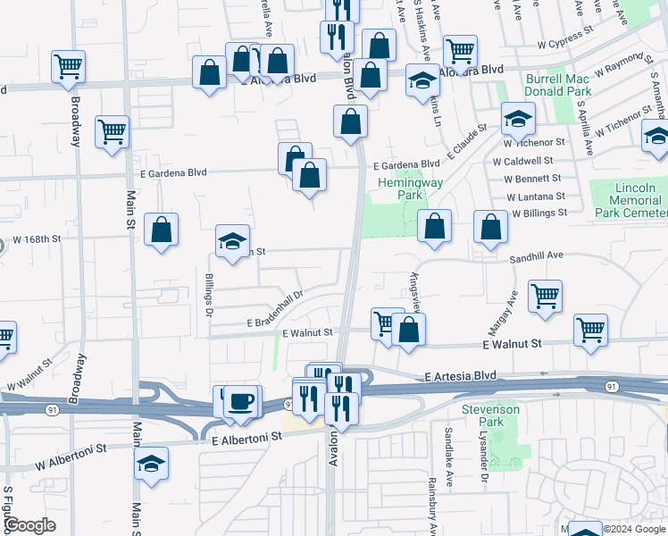 map of restaurants, bars, coffee shops, grocery stores, and more near 16927 Belforest Drive in Carson