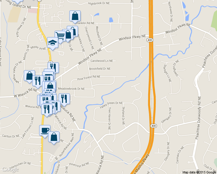 map of restaurants, bars, coffee shops, grocery stores, and more near 485 Old Creek Road Northeast in Atlanta