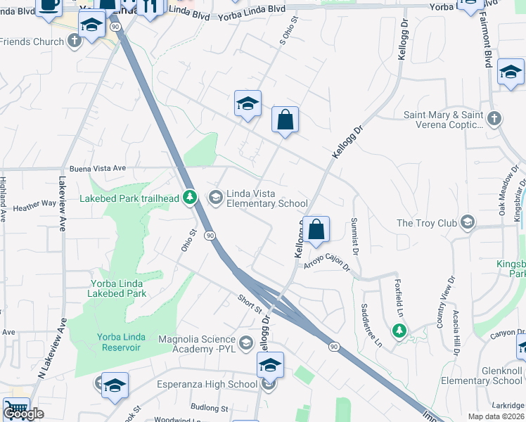 map of restaurants, bars, coffee shops, grocery stores, and more near 5670 Grandview Avenue in Yorba Linda