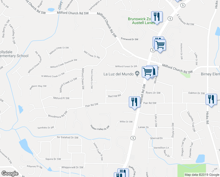 map of restaurants, bars, coffee shops, grocery stores, and more near 1434 Lost Bridge Road Southwest in Marietta