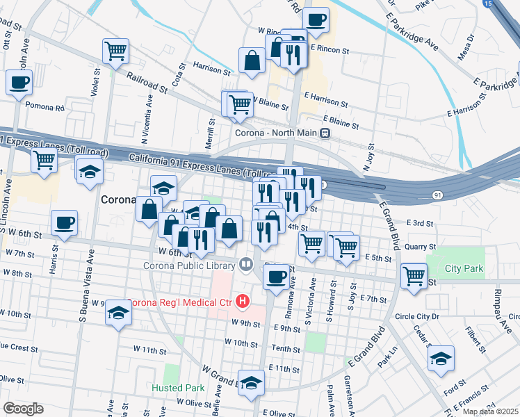 map of restaurants, bars, coffee shops, grocery stores, and more near 308 South Washburn Avenue in Corona
