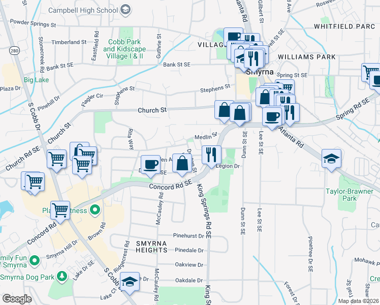 map of restaurants, bars, coffee shops, grocery stores, and more near 3083 Dunton St in Smyrna