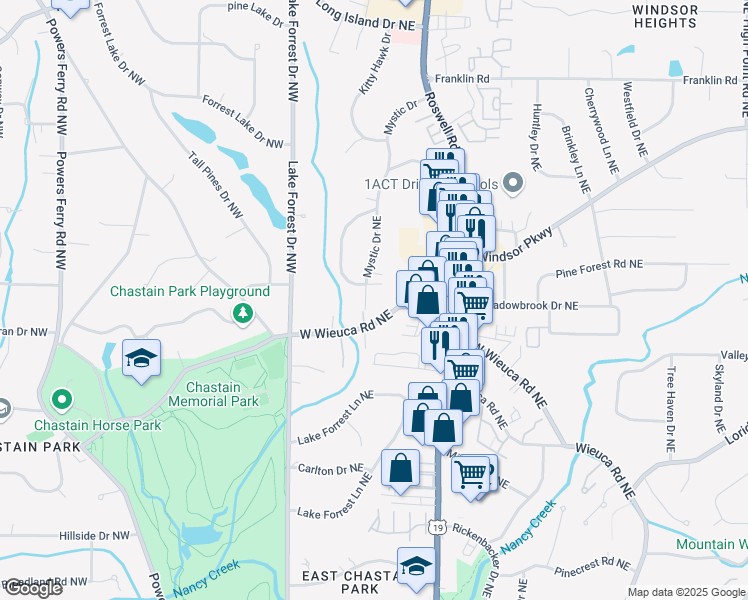 map of restaurants, bars, coffee shops, grocery stores, and more near 4555 Mystic Drive Northeast in Atlanta