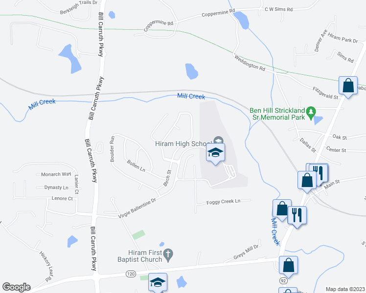 map of restaurants, bars, coffee shops, grocery stores, and more near 98 Baywood Way in Hiram