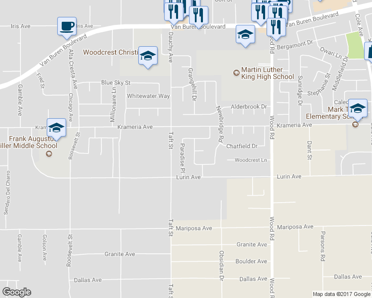 map of restaurants, bars, coffee shops, grocery stores, and more near 9490 Paradise Place in Riverside