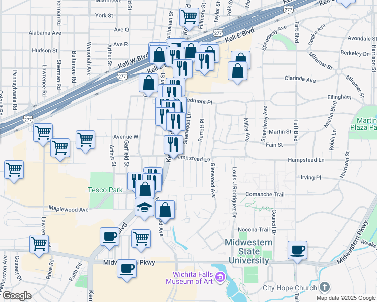 map of restaurants, bars, coffee shops, grocery stores, and more near 3311 Sherwood Lane in Wichita Falls