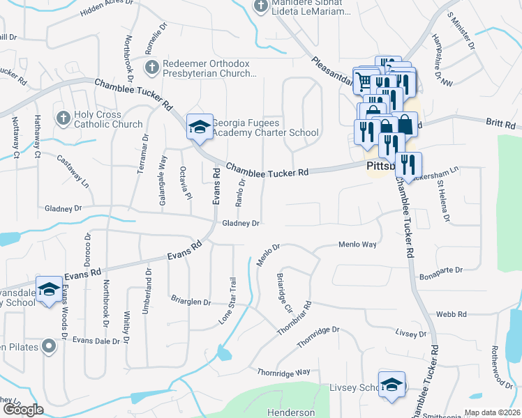 map of restaurants, bars, coffee shops, grocery stores, and more near 3060 Wanda Woods Drive in Atlanta
