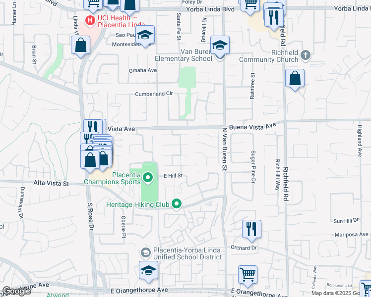 map of restaurants, bars, coffee shops, grocery stores, and more near 1468 East Dixon Place in Placentia