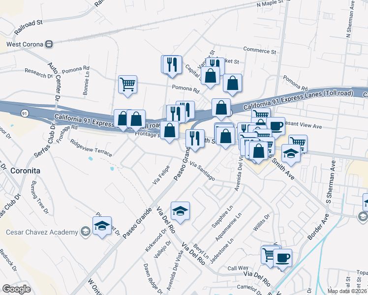 map of restaurants, bars, coffee shops, grocery stores, and more near 646 Paseo Grande in Corona
