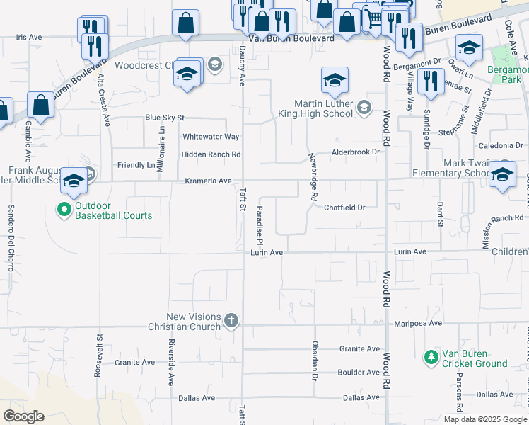 map of restaurants, bars, coffee shops, grocery stores, and more near 9490 Paradise Place in Riverside