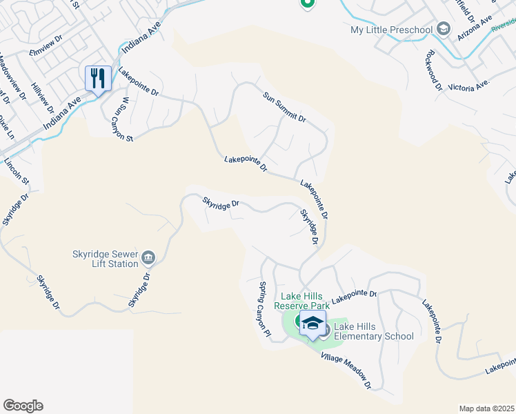 map of restaurants, bars, coffee shops, grocery stores, and more near 16154 Skyridge Drive in Riverside