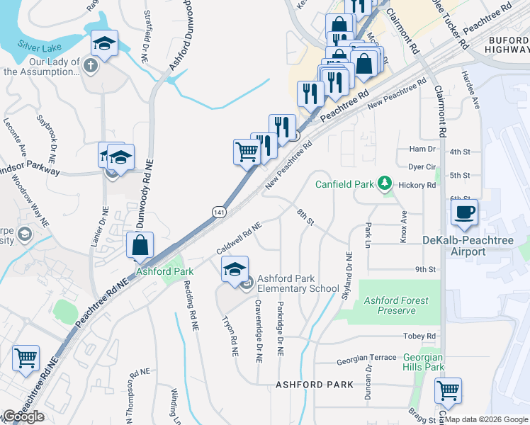 map of restaurants, bars, coffee shops, grocery stores, and more near 3224 Caldwell Road Northeast in Brookhaven