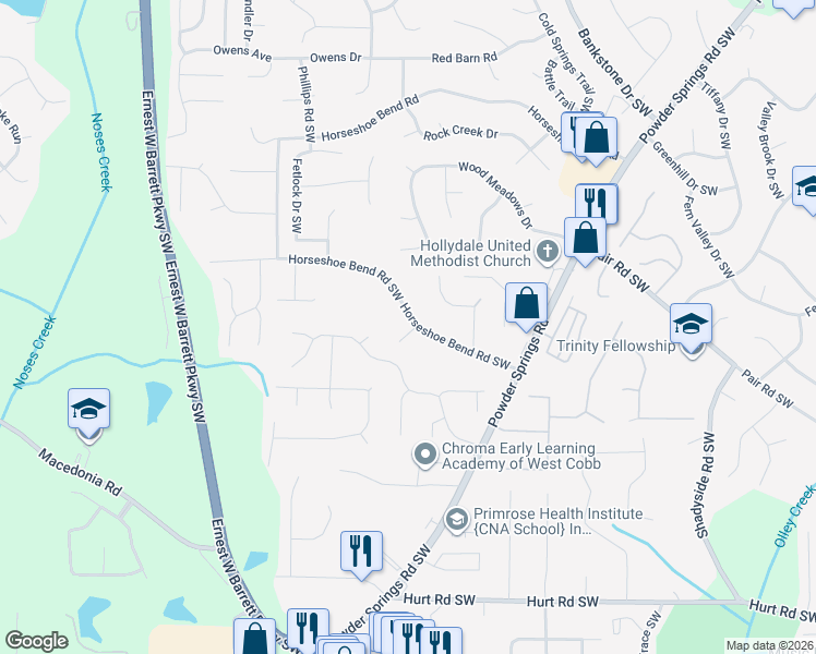 map of restaurants, bars, coffee shops, grocery stores, and more near 2879 Horseshoe Bend Road Southwest in Marietta
