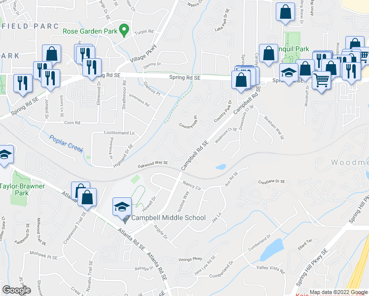map of restaurants, bars, coffee shops, grocery stores, and more near 2198 Goodwood Boulevard Southeast in Smyrna