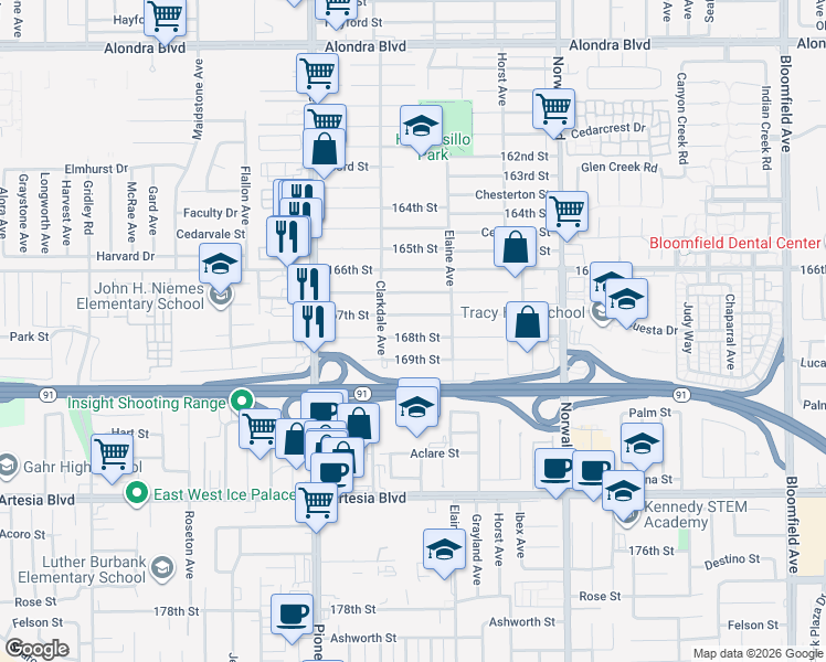 map of restaurants, bars, coffee shops, grocery stores, and more near 11937 167th Street in Artesia