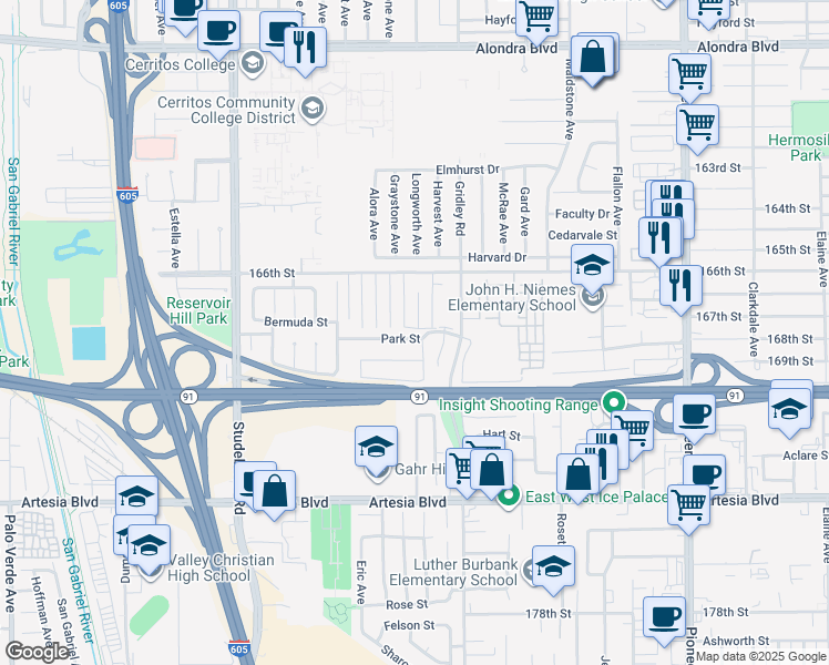 map of restaurants, bars, coffee shops, grocery stores, and more near 11313 Park Street in Cerritos