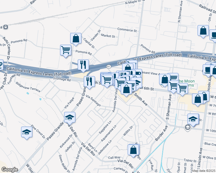 map of restaurants, bars, coffee shops, grocery stores, and more near 1663 West 6th Street in Corona