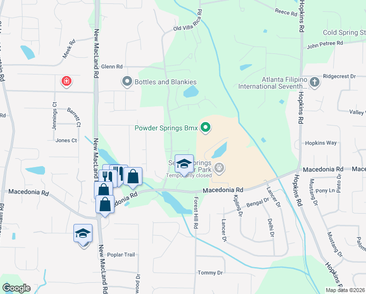 map of restaurants, bars, coffee shops, grocery stores, and more near 3055 Old Villa Rica Road in Powder Springs