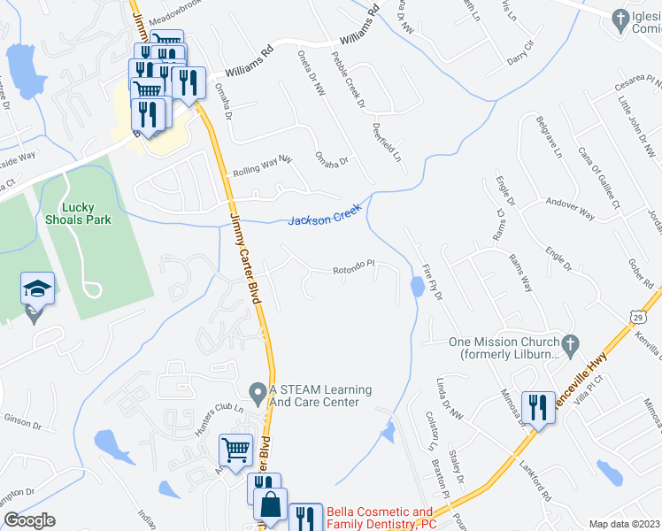 map of restaurants, bars, coffee shops, grocery stores, and more near 6109 Rotondo Place in Norcross