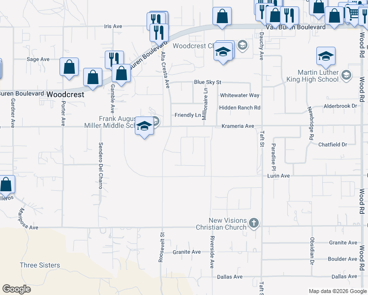 map of restaurants, bars, coffee shops, grocery stores, and more near 9449 Azusa Court in Riverside