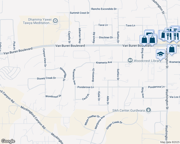 map of restaurants, bars, coffee shops, grocery stores, and more near 16575 Bonanza Drive in Riverside