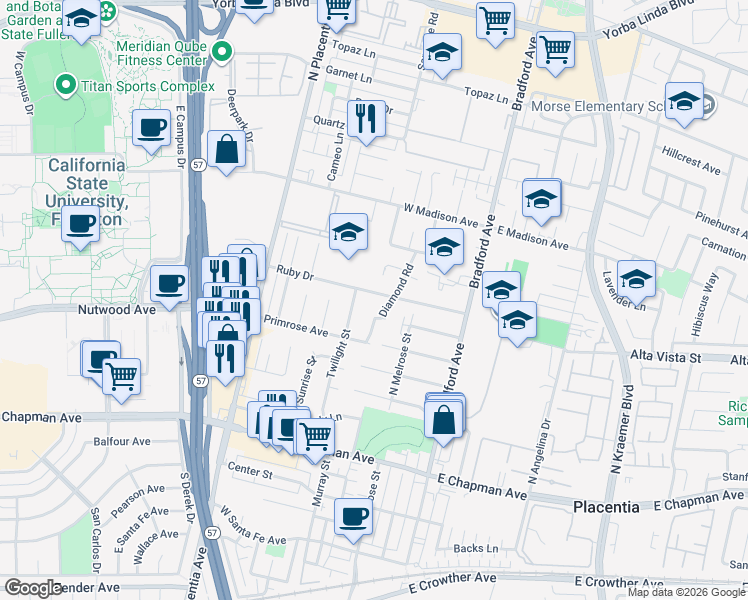 map of restaurants, bars, coffee shops, grocery stores, and more near 425 Ruby Drive in Placentia