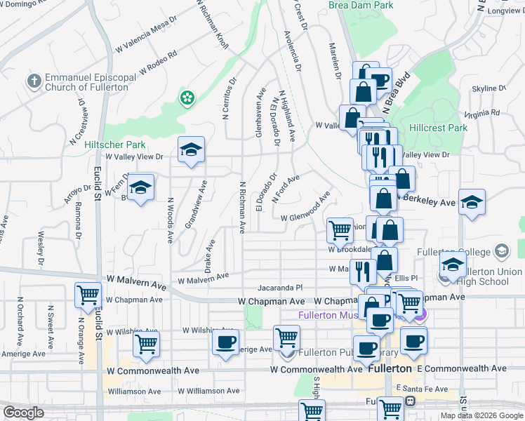 map of restaurants, bars, coffee shops, grocery stores, and more near 841 North Ford Avenue in Fullerton