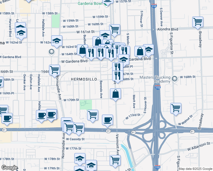 map of restaurants, bars, coffee shops, grocery stores, and more near 1052 West 168th Street in Gardena