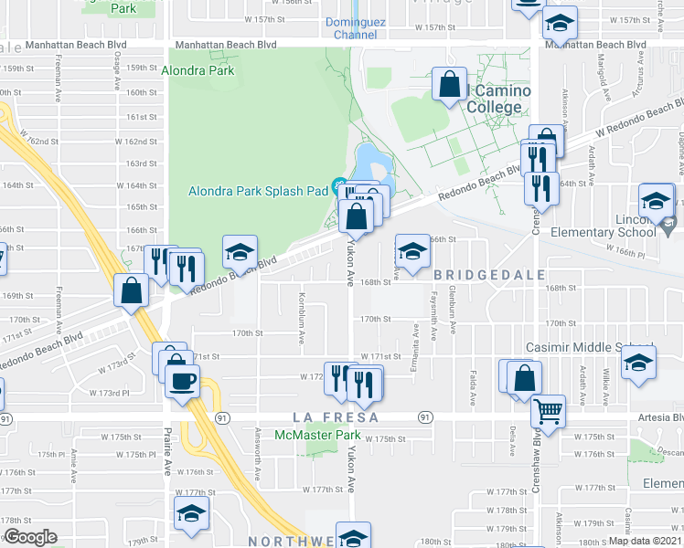 map of restaurants, bars, coffee shops, grocery stores, and more near 16700 Yukon Avenue in Torrance