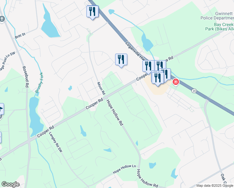 map of restaurants, bars, coffee shops, grocery stores, and more near 3403 Dover Run Lane in Loganville