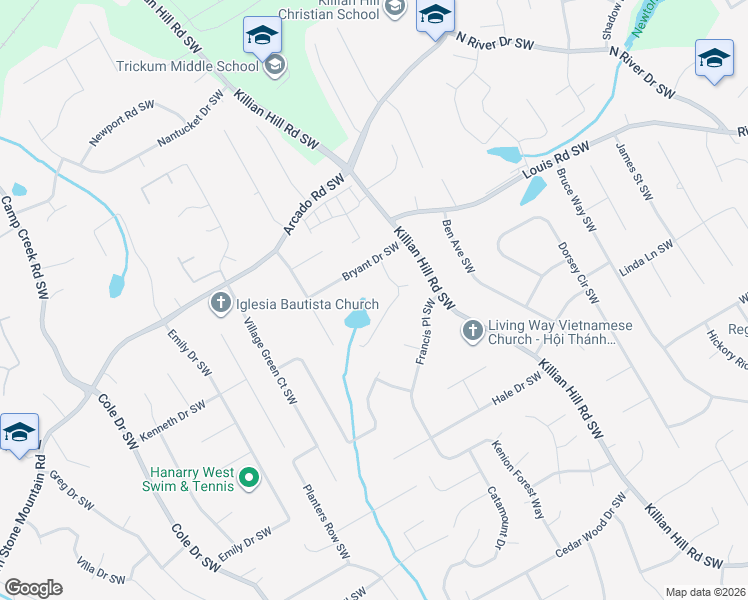 map of restaurants, bars, coffee shops, grocery stores, and more near 403 Puckett Terrace Southwest in Lilburn
