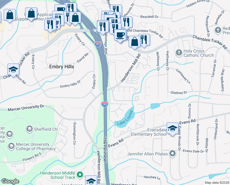 map of restaurants, bars, coffee shops, grocery stores, and more near in DeKalb County