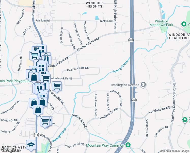 map of restaurants, bars, coffee shops, grocery stores, and more near 485 Old Creek Road Northeast in Atlanta