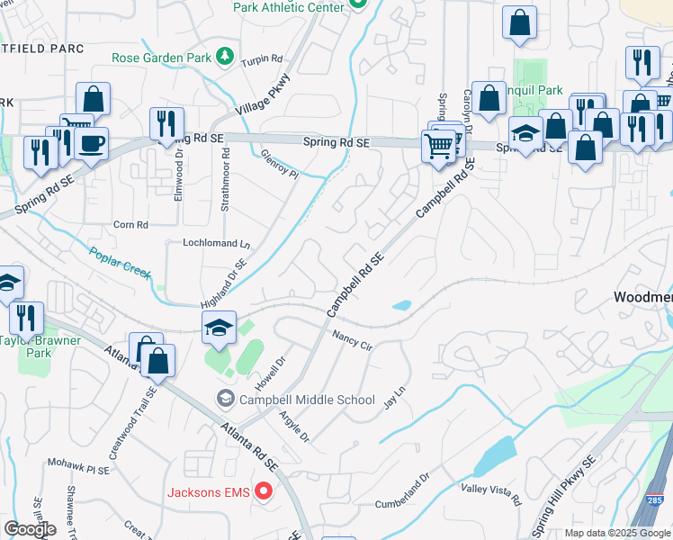 map of restaurants, bars, coffee shops, grocery stores, and more near 3091 Old Cabin Lane in Smyrna