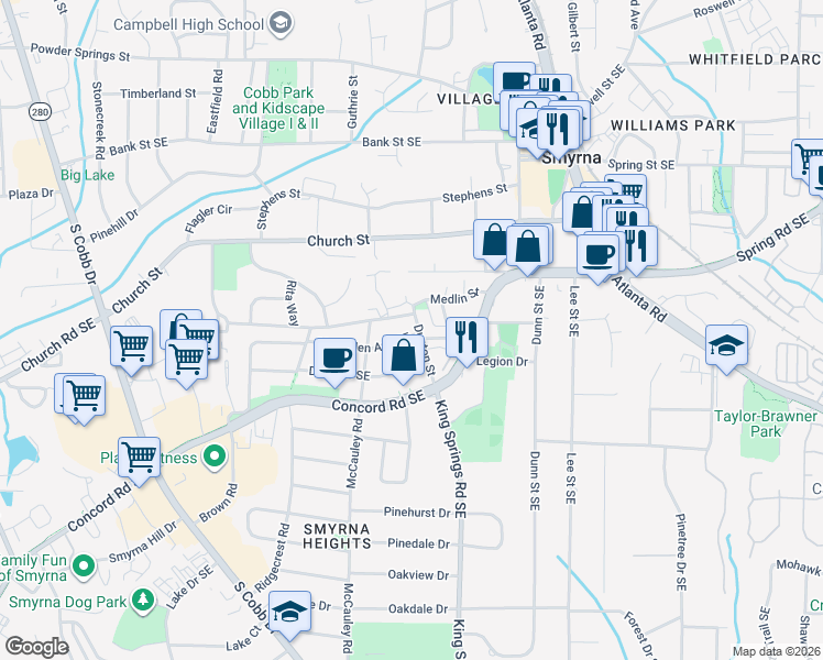 map of restaurants, bars, coffee shops, grocery stores, and more near 1151 McLinden Avenue Southeast in Smyrna