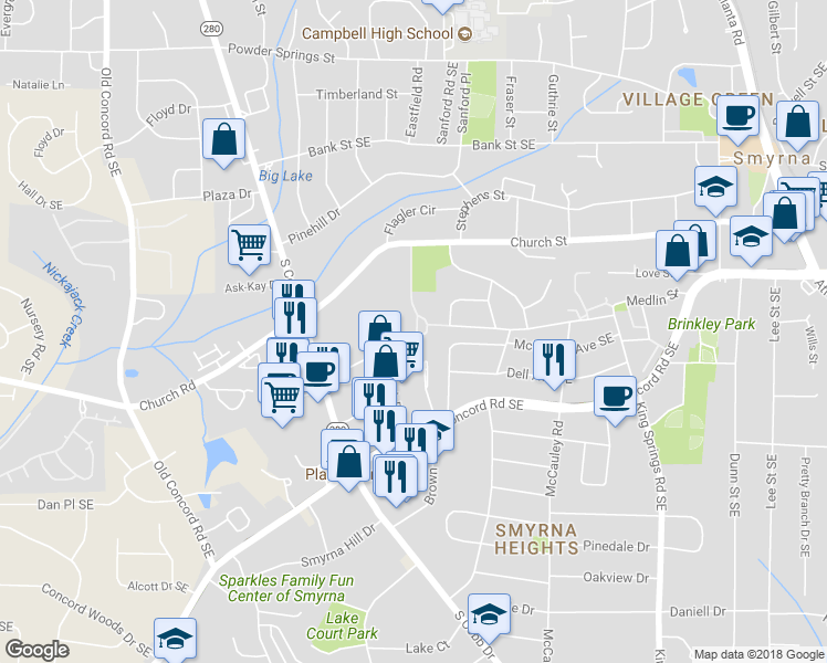 map of restaurants, bars, coffee shops, grocery stores, and more near 3142 Reeves Street in Smyrna