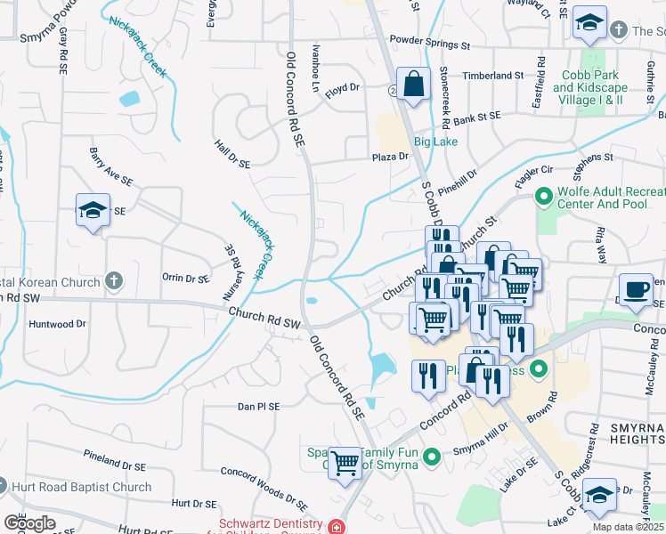 map of restaurants, bars, coffee shops, grocery stores, and more near 1038 Westfield Trace in Smyrna