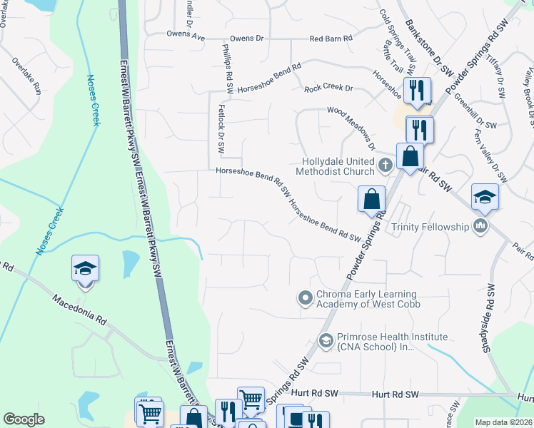 map of restaurants, bars, coffee shops, grocery stores, and more near 3110 Windy Circle Southwest in Marietta