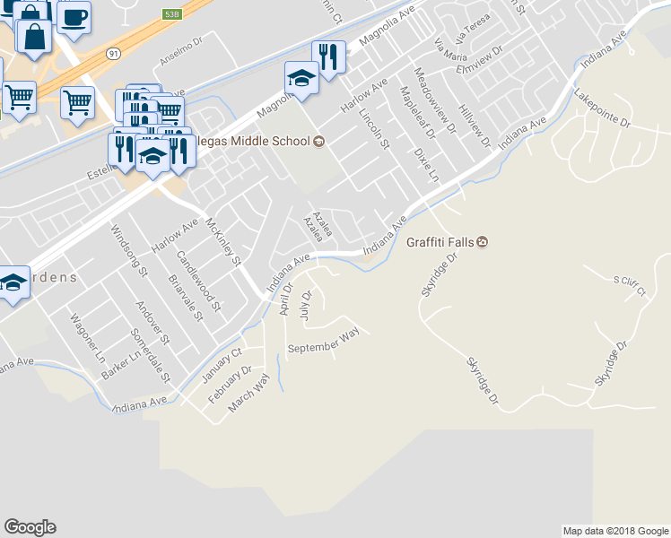 map of restaurants, bars, coffee shops, grocery stores, and more near 3363 May Court in Riverside