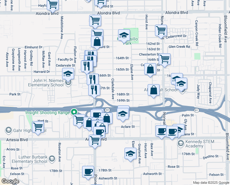 map of restaurants, bars, coffee shops, grocery stores, and more near 11907 168th Street in Artesia