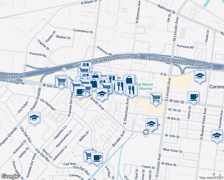 map of restaurants, bars, coffee shops, grocery stores, and more near 1359 West 6th Street in Corona