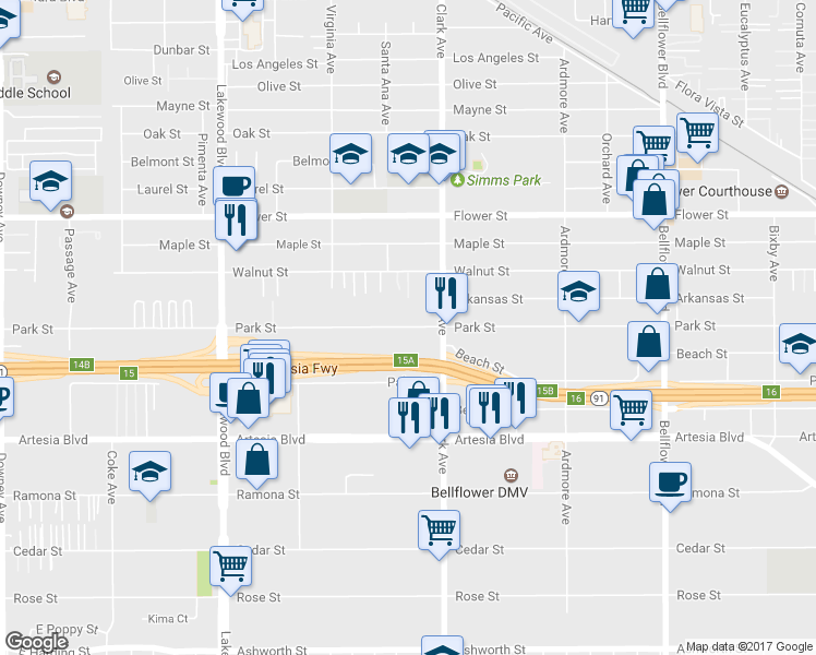 map of restaurants, bars, coffee shops, grocery stores, and more near 9319 Park St in Bellflower
