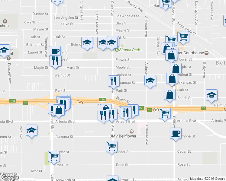 map of restaurants, bars, coffee shops, grocery stores, and more near 9400 Park Street in Bellflower