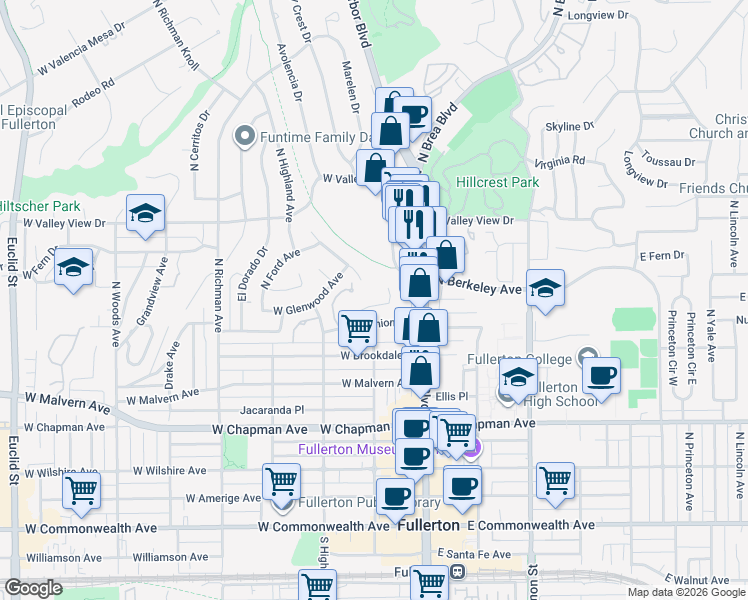 map of restaurants, bars, coffee shops, grocery stores, and more near 756 North Malden Avenue in Fullerton