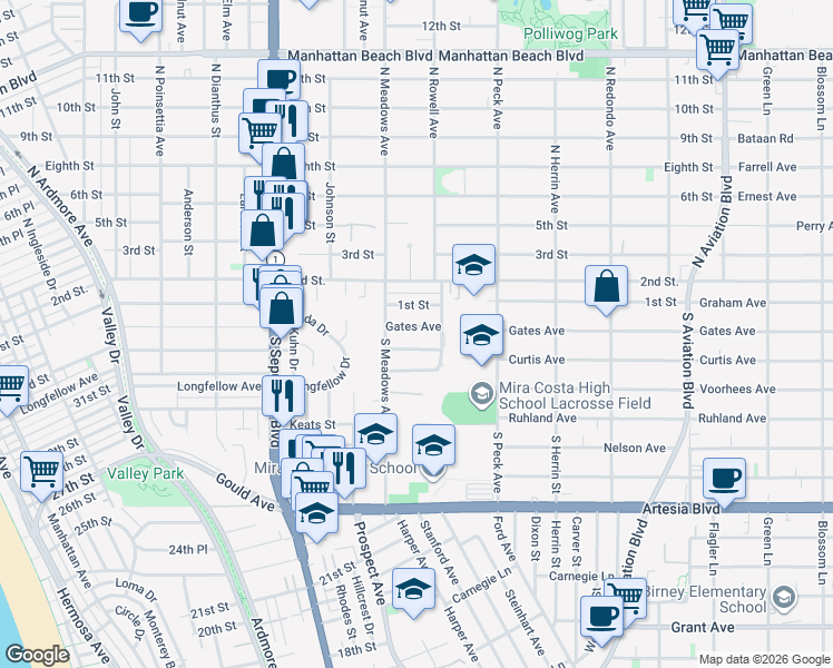 map of restaurants, bars, coffee shops, grocery stores, and more near 1330 Gates Avenue in Manhattan Beach