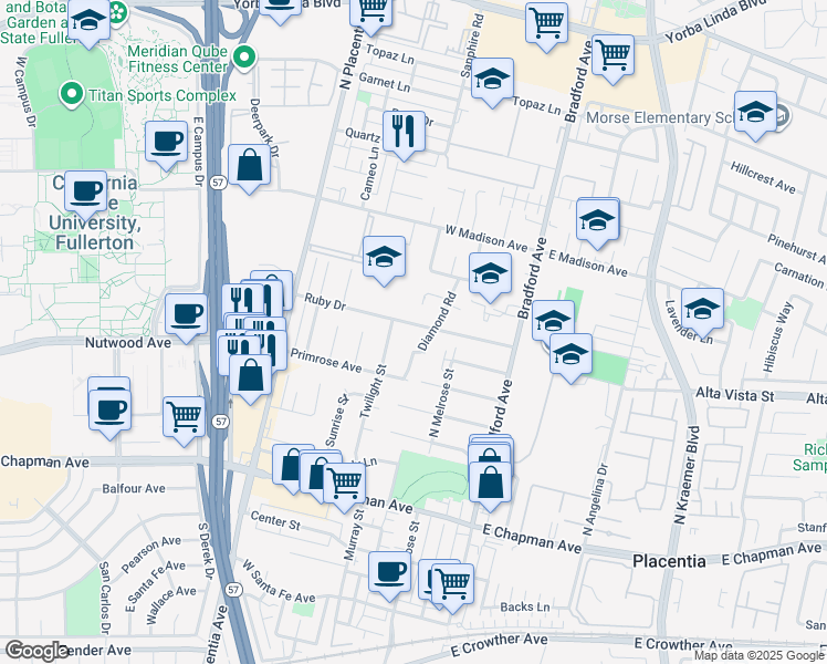 map of restaurants, bars, coffee shops, grocery stores, and more near 425 Ruby Drive in Placentia
