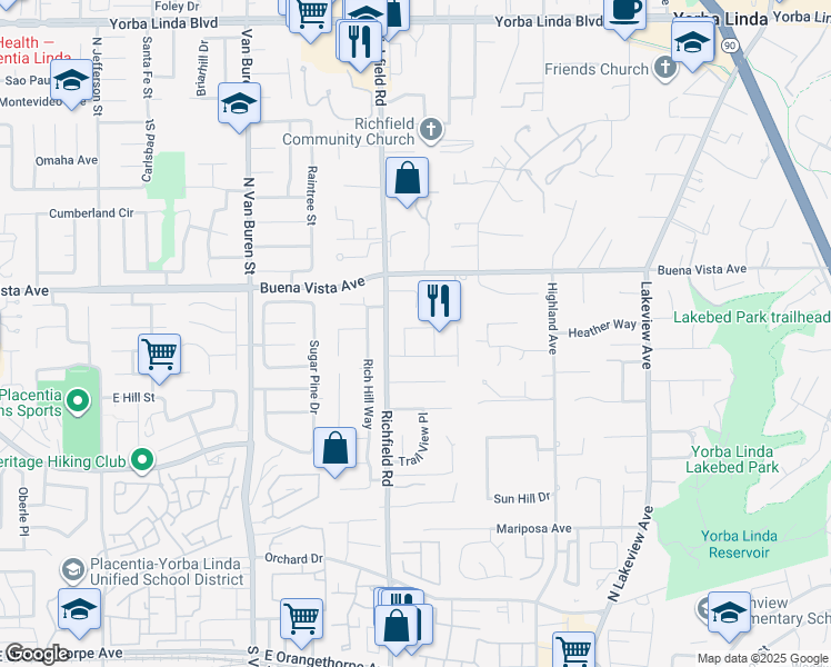 map of restaurants, bars, coffee shops, grocery stores, and more near 17682 Sonoma Way in Yorba Linda