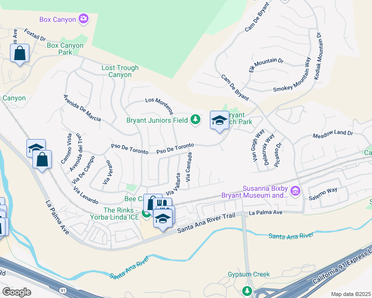map of restaurants, bars, coffee shops, grocery stores, and more near 24669 Vía Melinda in Yorba Linda