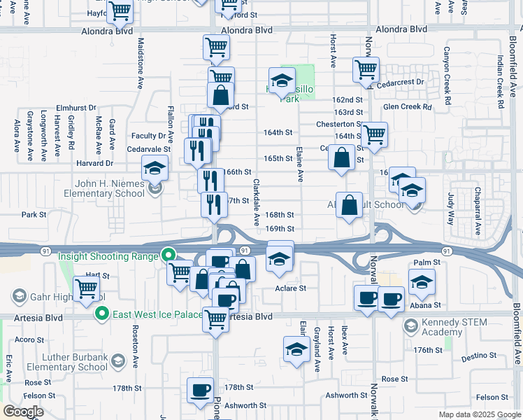 map of restaurants, bars, coffee shops, grocery stores, and more near 11907 168th Street in Artesia